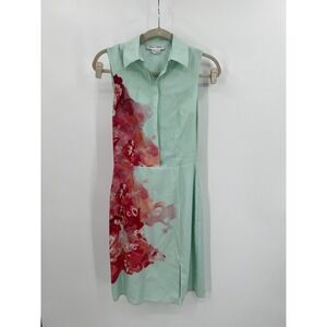 Misha Nonoo Mint Green Abstract 100% Silk Sleeveless Shirt Mini Dress Size 2‎